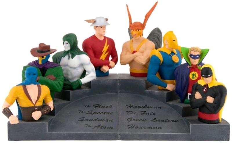 New 2001 DC Direct : THE JUSTICE SOCIETY of AMERICA Limited Edition (0256/1000) Cold-Cast Porcelain Hand-Painted Bookends | Approx 6" x 6.75" x 7.5" ea