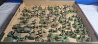 50+ Flats & 7 Vehicles | Appears To Be German & British Platic Military Infantry & Vehicles | Largest Vehicle Measures ( 2¾" x 1 " x 1" ) Tallest Troop Measures ( 1¼" Tall" )