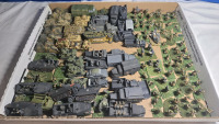 40+ Flats & 40+ Vehicles | Appears To Be German & British Plastic / Lead Military Infantry & Vehicles | Largest Vehicle Measures ( 3¾" x 1 " x 1.5" ) Tallest Troop Measures ( 1¼" Tall" )