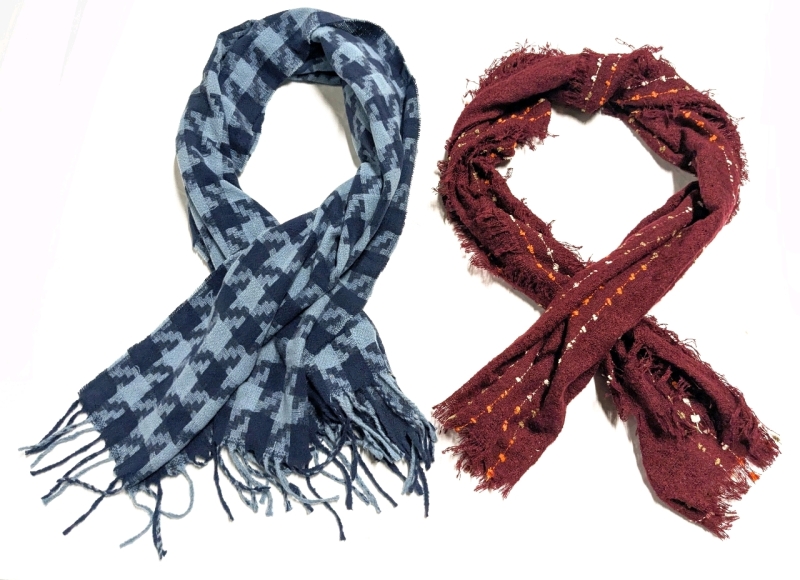 2 New Scarves / Shawls: Woven Fringed Cottage Scarf in Merlot & Long Fringe Scarf in Blues | 24" x 76" / 26" x 73"