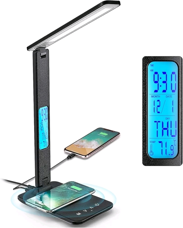 New Black Desk Lamp with USB Charging Port, Wireless Charger, Adjustable Foldable Table Lamp with Clock, Alarm, Date