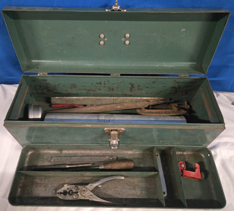 Metal Tool Chest W/ Assorted Contents | Includes But Isn't Limited To; A Wire Cutter, Punch, Files, C Clamp & More | Chest Measures 19" x 6" x 6.5"