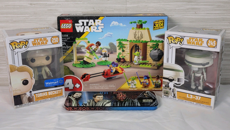 New - Lego Star Wars " Tenoo Jedi Tempo " Set , #75358 & Funko Pop! " L3-37 and Tobias Beckett " Figures plus Jedi / Sith Metal Pencil Holder