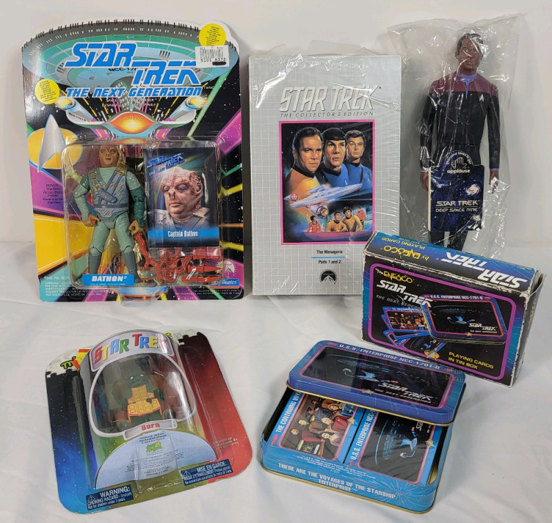 Star Trek Memorabilia Lot . Star Trek TNG Dathon Action Figure , Star Trek TNG Playing Cards (sealed) , Original TV Show VHS Episodes Tape , Star Trek DSN Action Figure