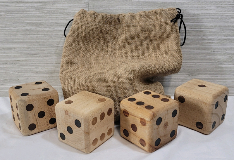 Giant Wooden Dice Sets with Canvas Bag . Dice measure 3 3/8"×3 3/8"×3 3/8". Two (2) Sets