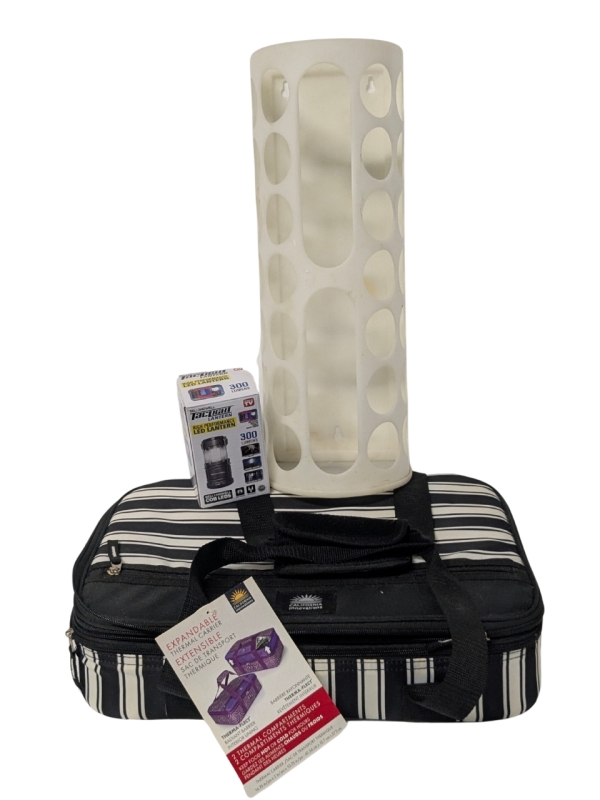 California Innovations Expandable Thermal Carrier (16.75" x 5" x 10.75"), Wall-Hanging Plastic Bag Holder & New Bell-Howell Taclight 300 Lumen LED Lantern 4.5" Tall