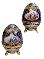 Pair LIMOGES France Fabergé-Style Porcelain Egg Trinket Boxes | 3.6" Tall