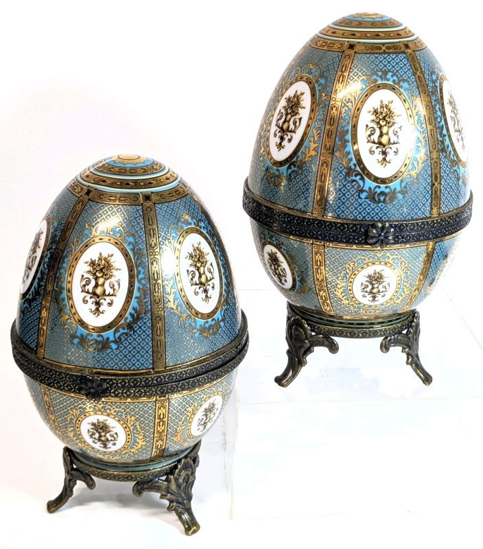 Twin LIMOGES France Fabergé-Style Porcelain Egg Trinket Boxes | 6" Tall