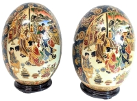 Pair Vintage Satsuma-Style Zhōngguó Zhìzào Handpainted Porcelain Eggs on Wood Stands | 8.75" Tall