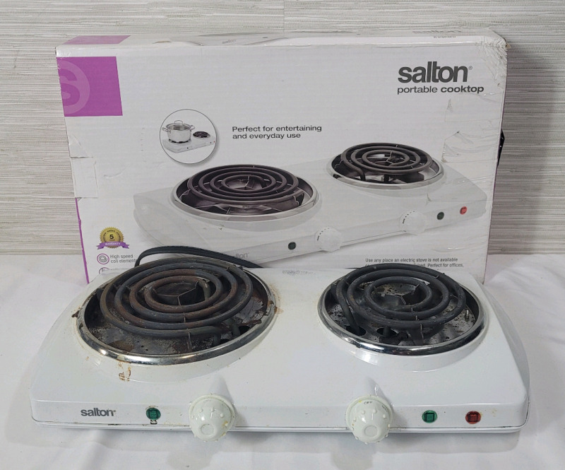 Salton 2-Burner Portable Cooktop w/Box . Tested Working