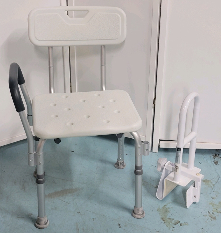 Shower Chair w/One Arm Rest & Bathtube Safety Handle . Chair is average adult size , Arm Rest can be moved to either side