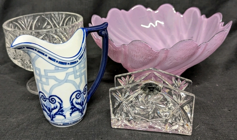 Crystal, Ceramic & Glass Lot. - Pinwheel Crystal Footed Bowl & Pinwheel Crystal Napkin Holder, Ceramic Bombay Creamer & Large Coloured Glass Bowl. Glass Bowl Measures 10" Across.