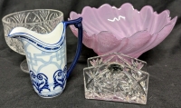 Crystal, Ceramic & Glass Lot. - Pinwheel Crystal Footed Bowl & Pinwheel Crystal Napkin Holder, Ceramic Bombay Creamer & Large Coloured Glass Bowl. Glass Bowl Measures 10" Across.