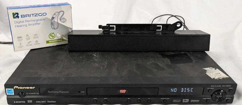 Pioneer DV-490 DVD Player, Multimedia Speaker and Britzgo Digital Rechargeable Hearing Amplifier.