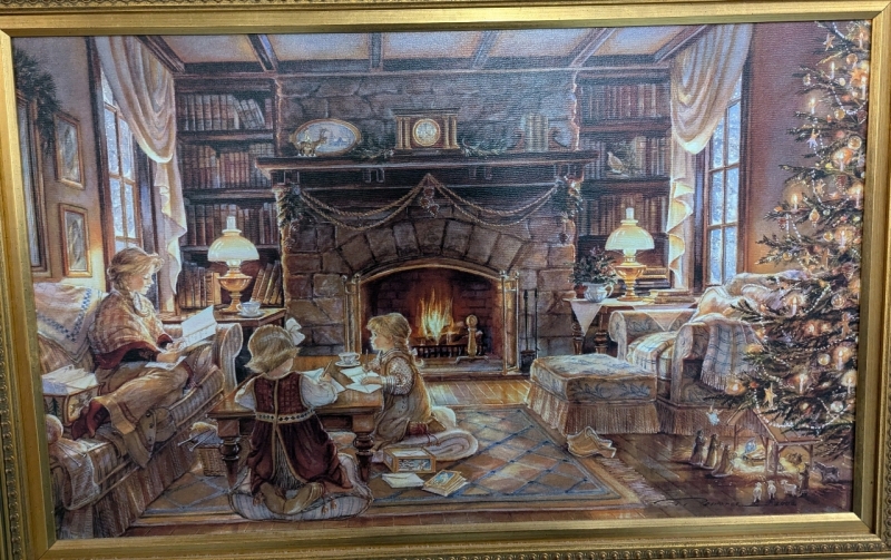 Framed Print of Trisha Romance's "Christmas at the Cottage" on Canvas. Measures 34" by 24" with Frame.