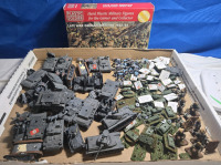 30+ Flats & 25+ Vehicles | Appears To Be Soviet Union & German Plastic Military Infantry Armored Vehicles ( Also Includes New Boxed WW2 Late War Germany Infantry Hard Plastic Unpainted Military Figures ) | Largest Vehicle Measures ( 2.5" x 1¼ " x 1½" ) T