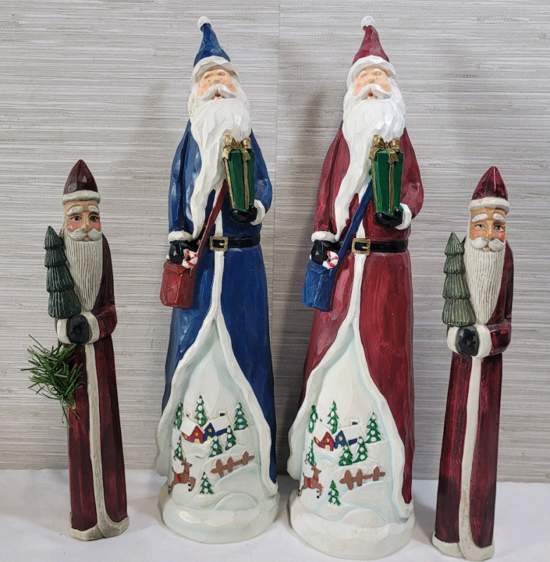 Four (4) Kris Kringle " Santa " Resin/Plastic Home Decor Figures . Measures 13.5" to 18.5" tall