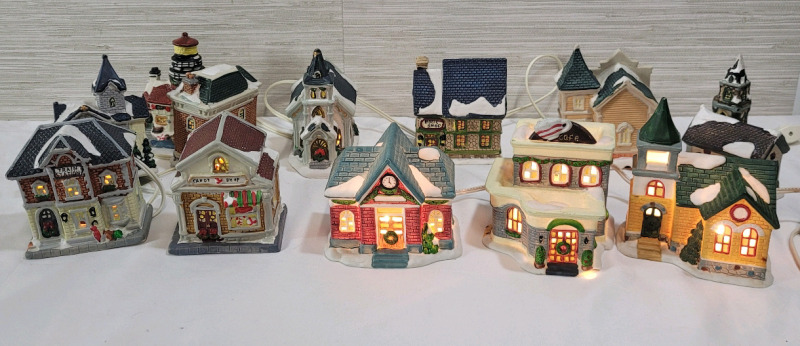 Vintage Tree Decorations & Ceramic Light-Up Holiday Village . Nine (9) Building & Two (2) Extras , Tested Working