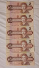 Five (5) 1986 Canadian Bank of Canada Two Dollar Bank Notes . No Bends of Folds , Excellent Condition and Appears Uncirculated