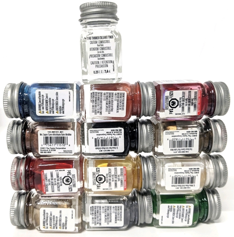 12 TESTORS Enamel Paints (I'm: Metallics, GL, Flat, Primary Colours + Thinner | 7.4ml* Each