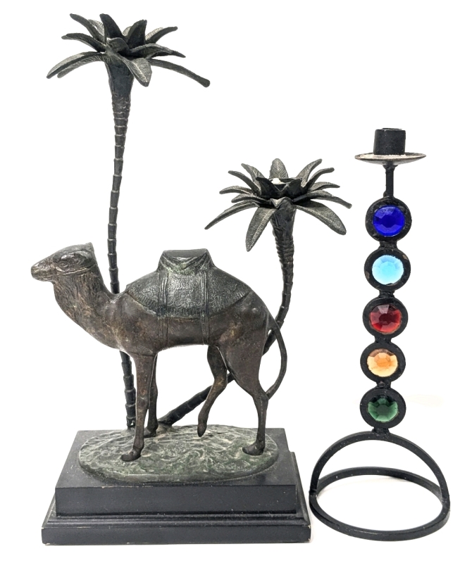 Fantastic Art Deco Style Middle Eastern Camel Candelabra & Multicolored Glass Faceted Chakra Candlestick Holder | 13.4" - 16.5" Tall