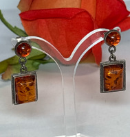 Sterling Amber Two Stone Drop Pierced Earrings