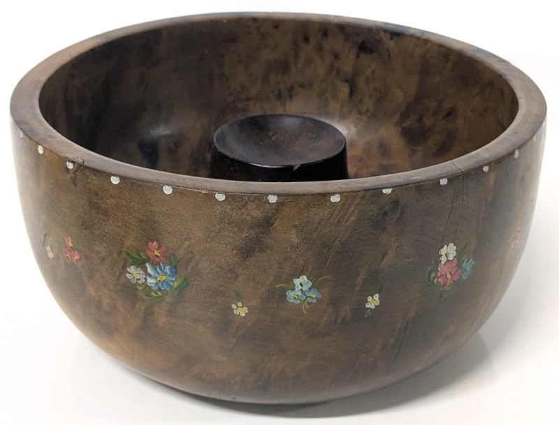 Gorgeous Vintage Burl Wood Bowl w Handpainted Flowers & Interesting Raises Center Pedestal | 8" Diameter x 4" Tall