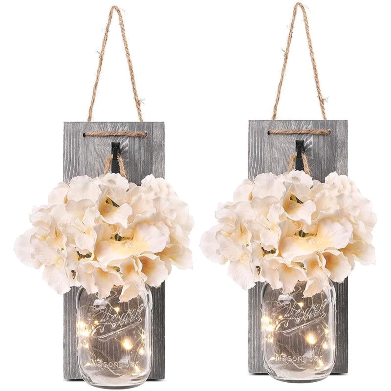 New Decorative Mason Jar Wall Decor, Rustic Wall Sconce with 6 Hour Timer, LED Light and Flowers, Farmhouse Home Decor (Set of 2)