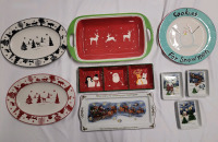 Nine (9) Festive Christmas Ceramic Serving Trays , Various Sizes .