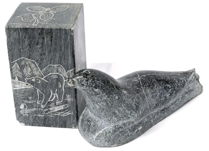 2 Vintage Soapstone Carvings Made in Canada : Signed Resting Seal & Etched Pillar | Seal 8" Long, Pillar 3" x 3" x 4.8" Tall