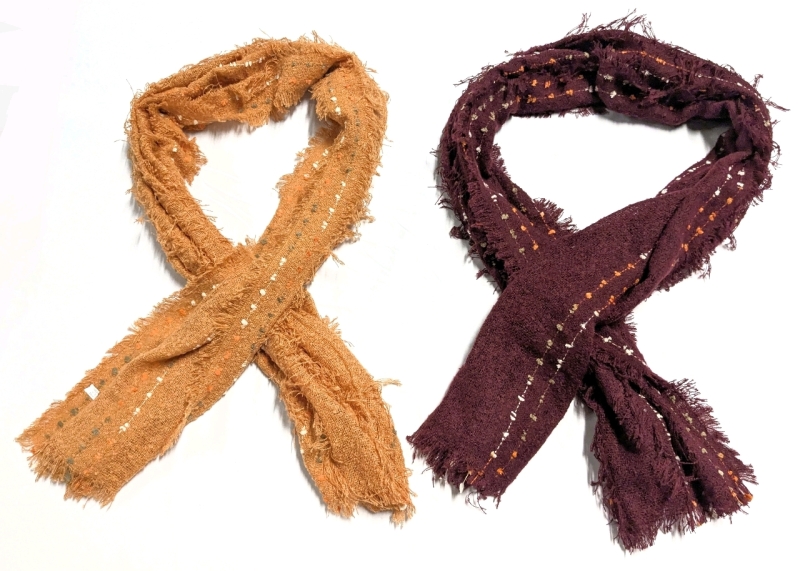 2 New Woven Fringe Cottage Scarves / Shawls | Pumpkin & Merlot | 24" x 76" ea