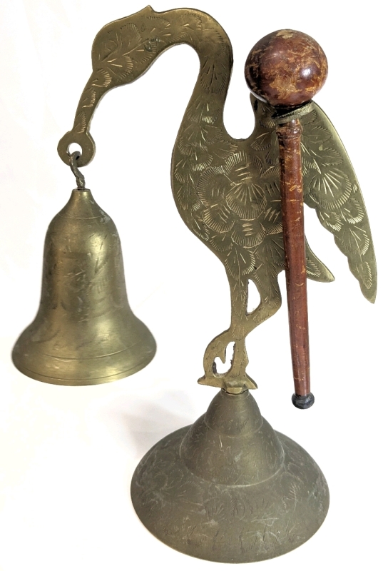 Fantastic Brass Heron Holding Bell with Wooden Mallet | 12.25" Tall