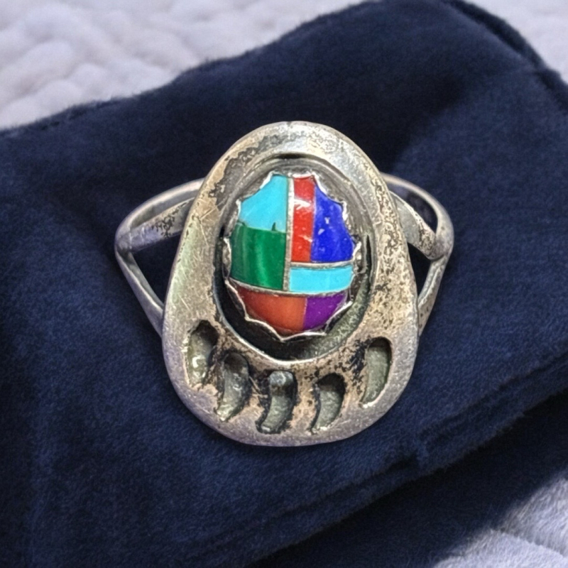 Vintage Sterling Silver Marked SE Sensa Eustace Zuni Bear Claw Ring Inlaid Stones Size 6.5