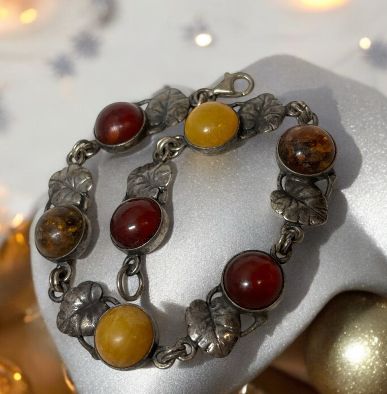 925 Sterling Silver 7 Link Round Amber Bracelet Stamped