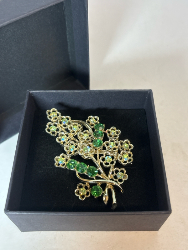 Vintage Glowing Signed CORO Green with glowing light green & Emerald Rhinestones