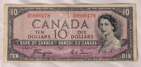 1954 Canadian Bank of Canada " Devil's Head " Ten Dollar Bank Note . Has been in Circulation