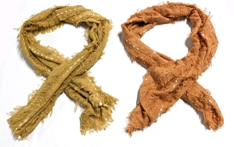 2 New Woven Fringe Cottage Scarves / Shawls | Mustard & Pumpkin | 24" x 76" ea