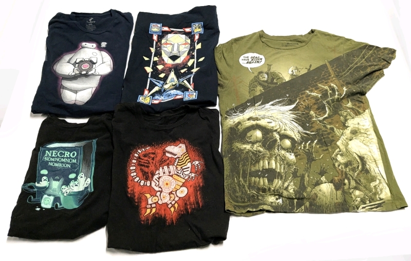 5 Assorted Nerdy Ladies XXL Fitted Graphic Tees : Big Hero 6/Portal, Transformers/Grimlock, Starfox, The Necro Omnomnom Nomicon, Double-Sided Zombie Print