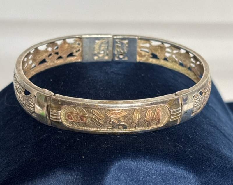 Silver Egyptian Revival Hieroglyph Hinged Bracelet