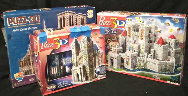 3 Wrebbit Puzz3D Building Puzzle 327pc Church, 608pc King Arthur's Camelot, 952pc Notre Dame De Paris