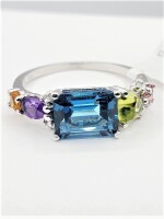 14KT White Gold Natural Blue Topaz (2.25ct), Amethyst (0.15ct), Golden Beryl (0.12ct) Peridot (0.42ct) Pink Tourmaline (0.11ct) and Diamond (0.04ct) Ring, Size 6.5, W/A $2390.00.