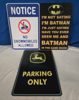 3 New Metal Wall Signs " No Snowmobiles, Batman, & John Deer | Signs Measure 12" x 8"