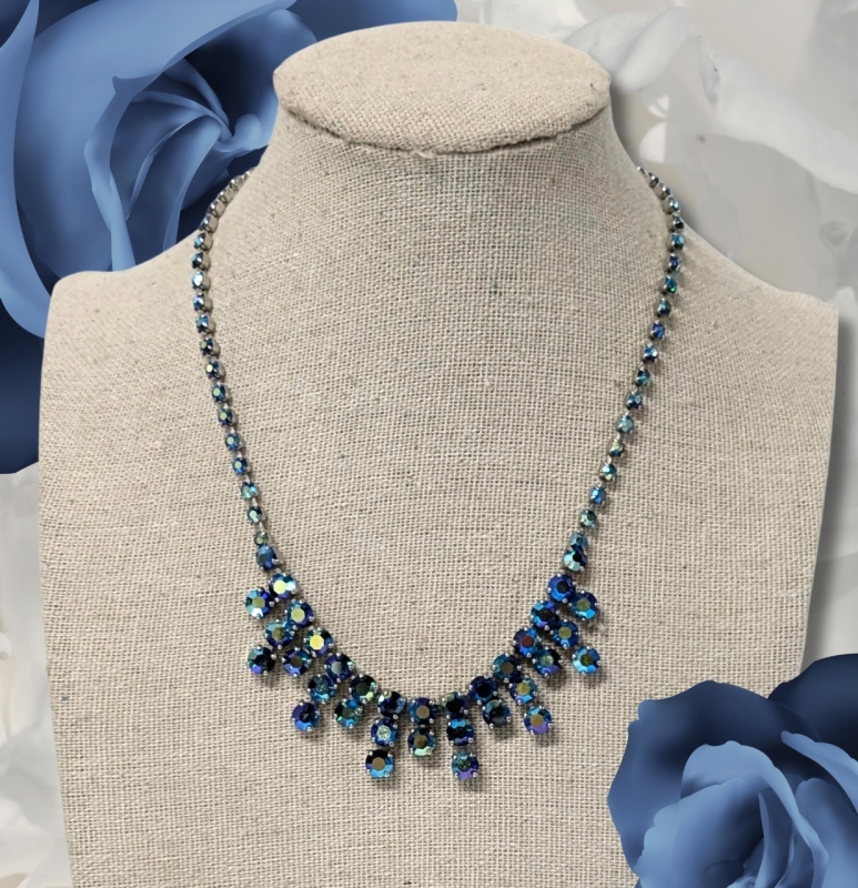 Gorgeous Iridescent AB Blue Rhinestone Silver Tone Necklace with Hook Closure & Lots of Shine and Sparkle | 14" Long