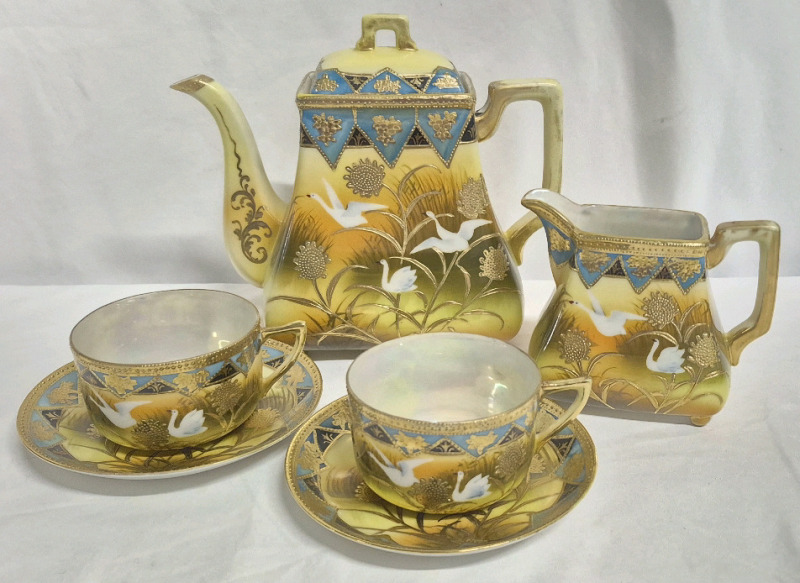 Beautiful Hand-Painted Teapot, Creamer and Cups & Saucers - Made in Japan