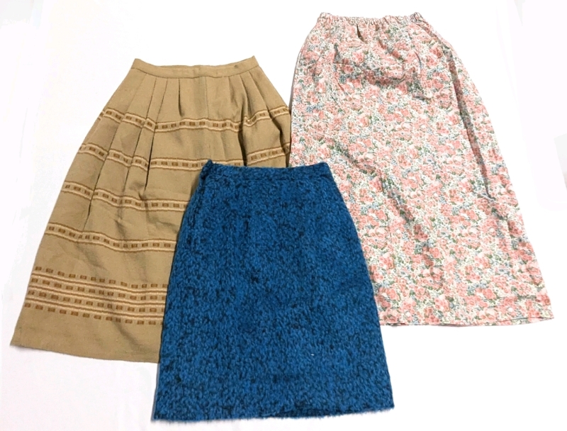 3 Vintage Handmade Skirts | Floral Elastic Waist Long Skirt (with Pockets!), Funky Blue Shag Satin-Lined & Linen-Like Lined Skirt