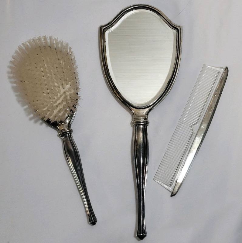 Sterling Silver 3-Piece Bedroom Vanity Set : Brush, Comb & Mirror
