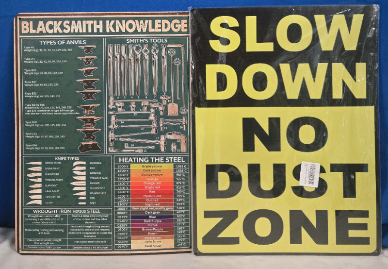 2 Pcs New | Metal Wall Signs | Blacksmith Knowledge, Slow Down No Dust Zone | Signs Measure 12" x 16"