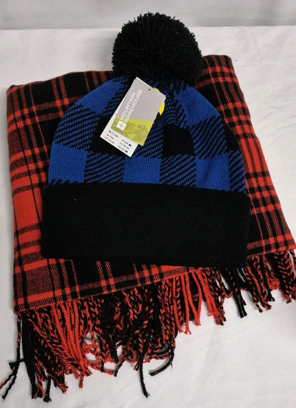 New Adult Toque/Hat & Indigo Plaid Scarf