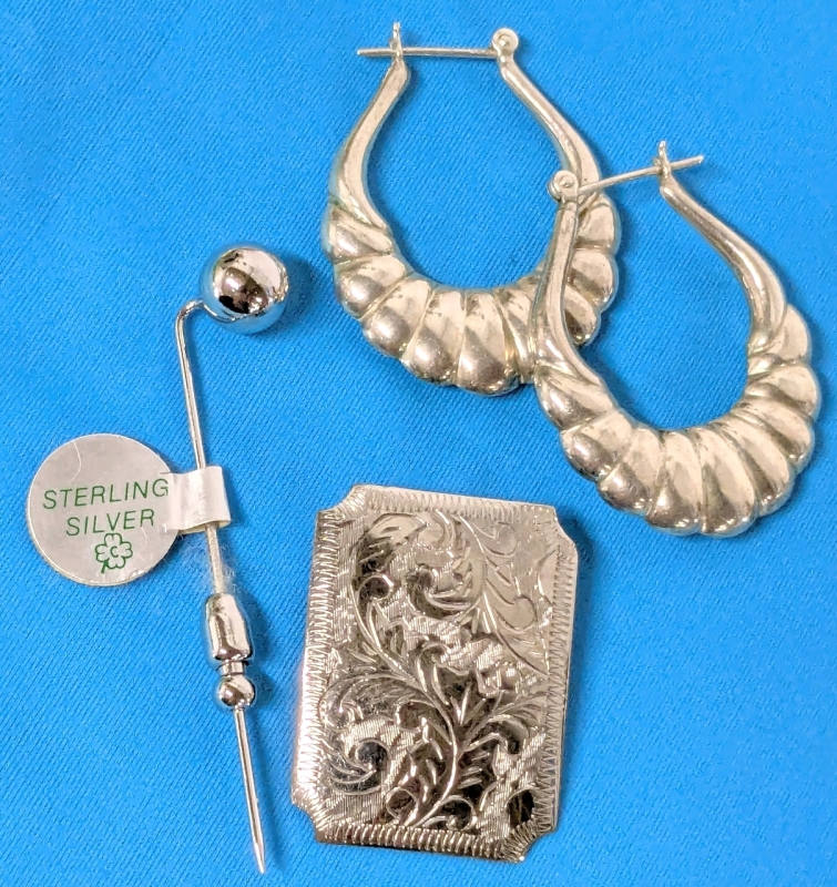 Sterling Silver! Oval Hoop Earrings Pierced, Etched Rectangular Brooch & 2.15" Long Stick Pin with Original Sticker