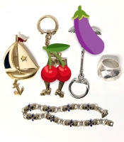 Nifty & Naughty! 2 Adult Key Rings including Winged Phallus, Vintage Avon Sailboat Brooch, Dainty Beaded Gold Tone Bracelet & Chunky Size 7 Silver Tone Ring